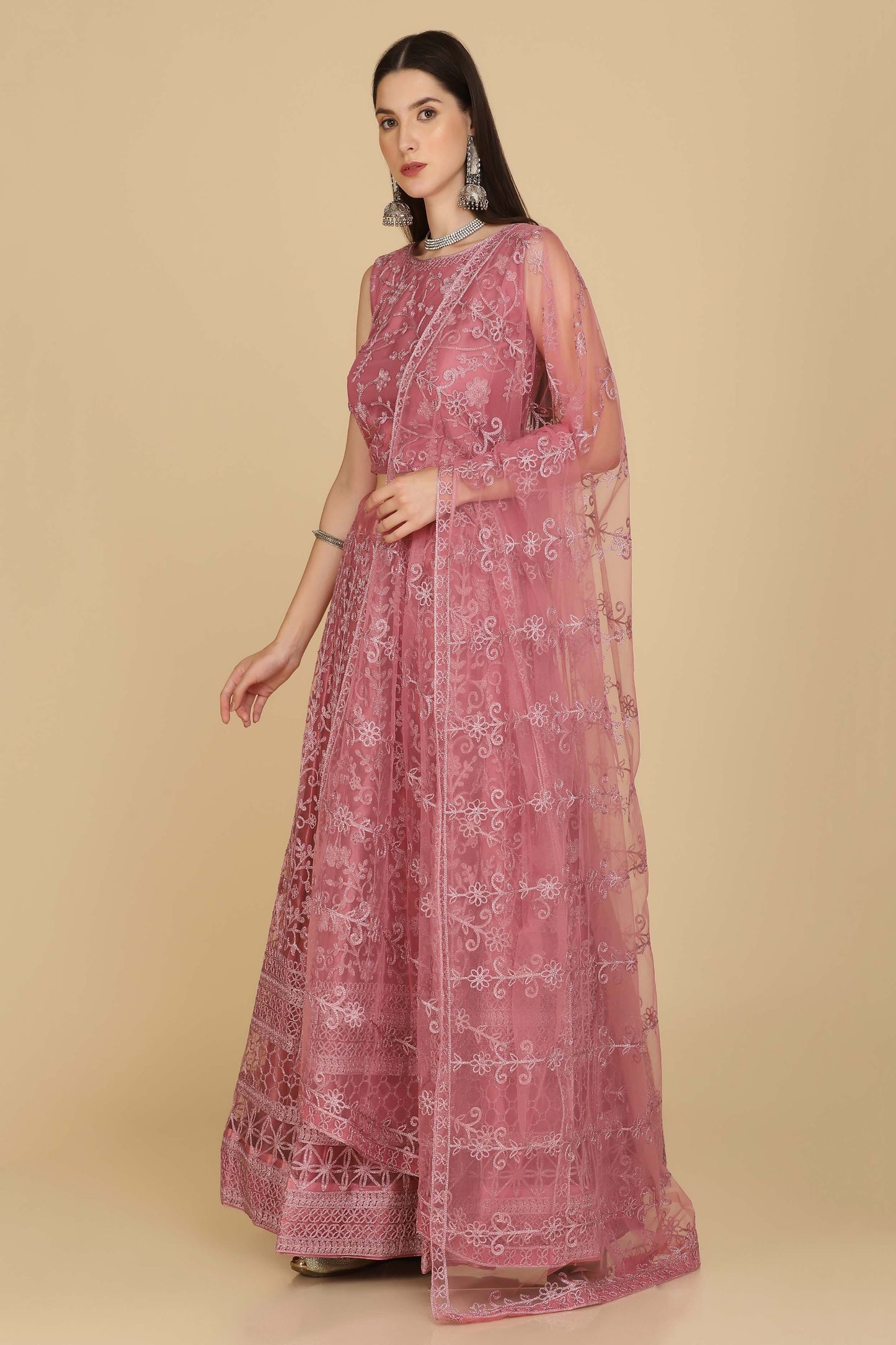 Dusty-Pink Net Scroll Motif Embroidered Lehenga Choli with Thread Work and Matching Dupatta