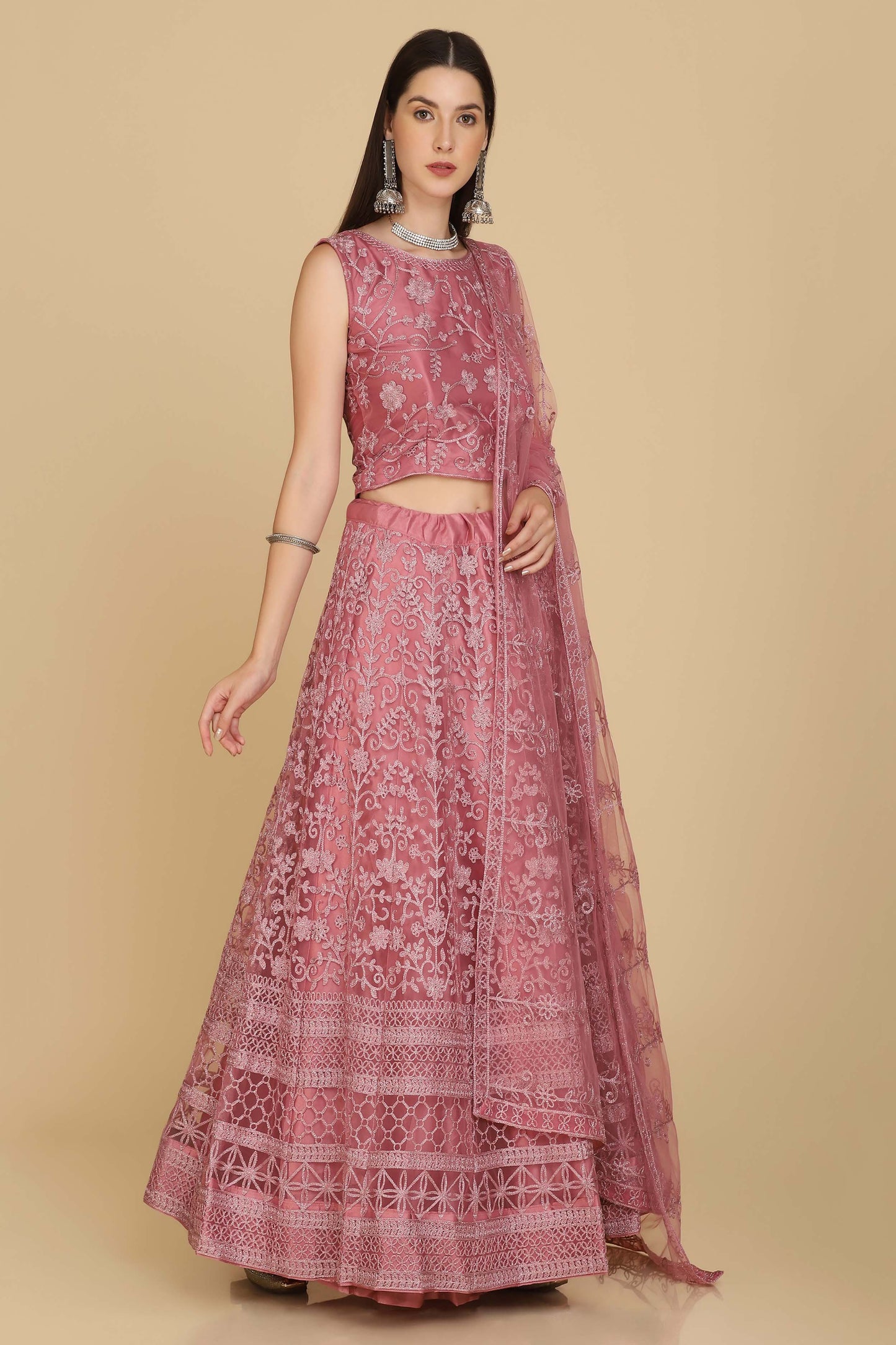 Dusty-Pink Net Scroll Motif Embroidered Lehenga Choli with Thread Work and Matching Dupatta