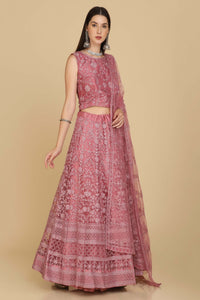 Dusty-Pink Net Scroll Motif Embroidered Lehenga Choli with Thread Work and Matching Dupatta