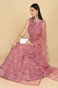 Dusty-Pink Net Scroll Motif Embroidered Lehenga Choli with Thread Work and Matching Dupatta