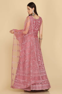 Dusty-Pink Net Scroll Motif Embroidered Lehenga Choli with Thread Work and Matching Dupatta