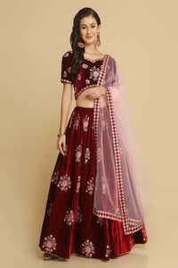 Embroidered Velvet Lehenga Choli In Peach And Red