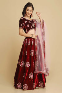 Embroidered Velvet Lehenga Choli In Peach And Red