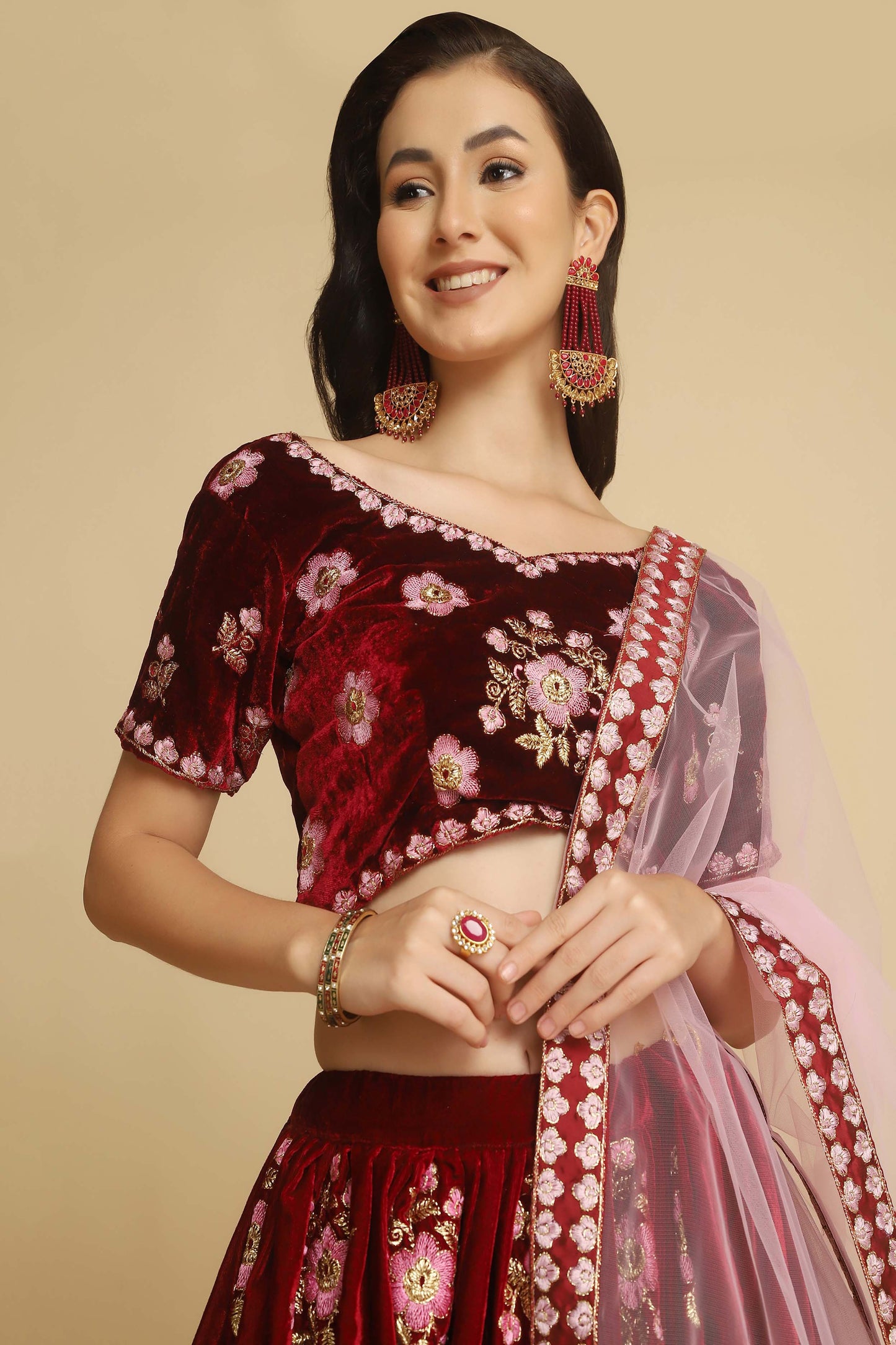 Embroidered Velvet Lehenga Choli In Peach And Red