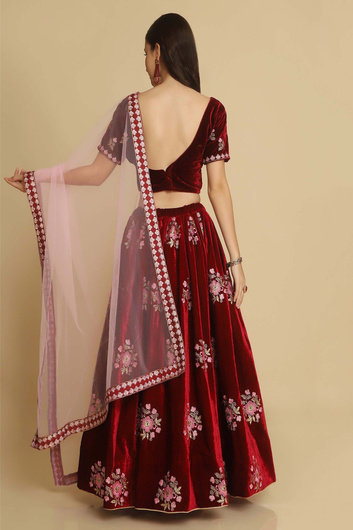 Embroidered Velvet Lehenga Choli In Peach And Red