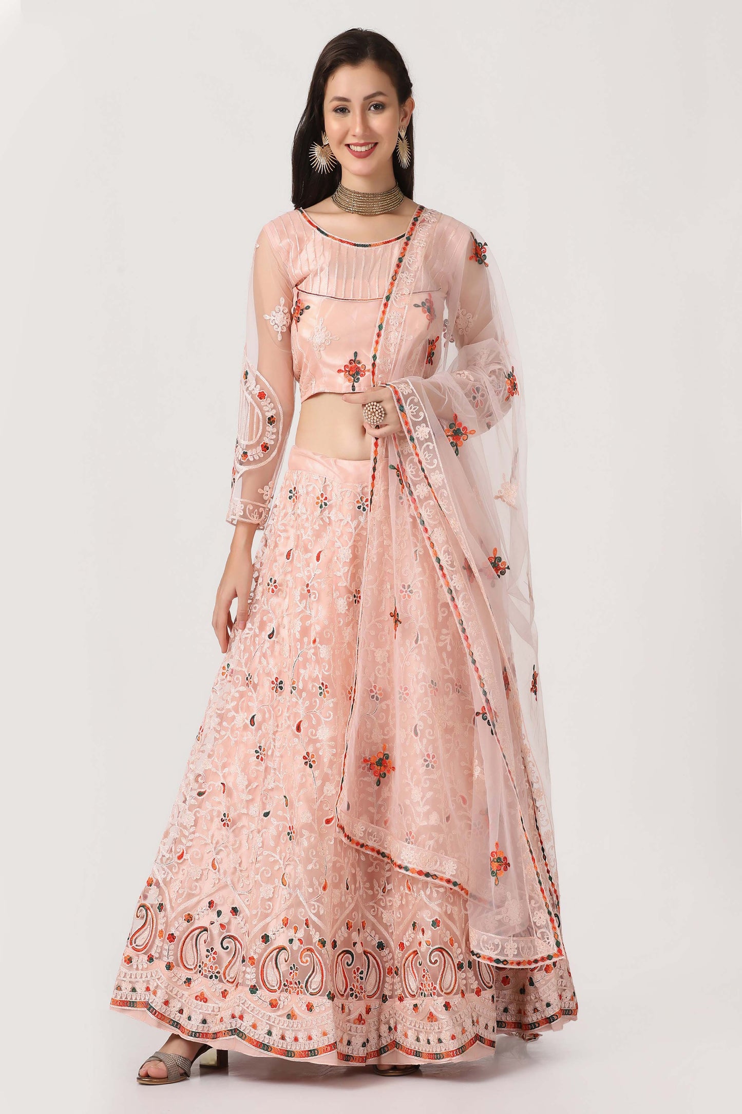 Peach Embroidered Thread Work Semi-Stitched Lehenga Choli