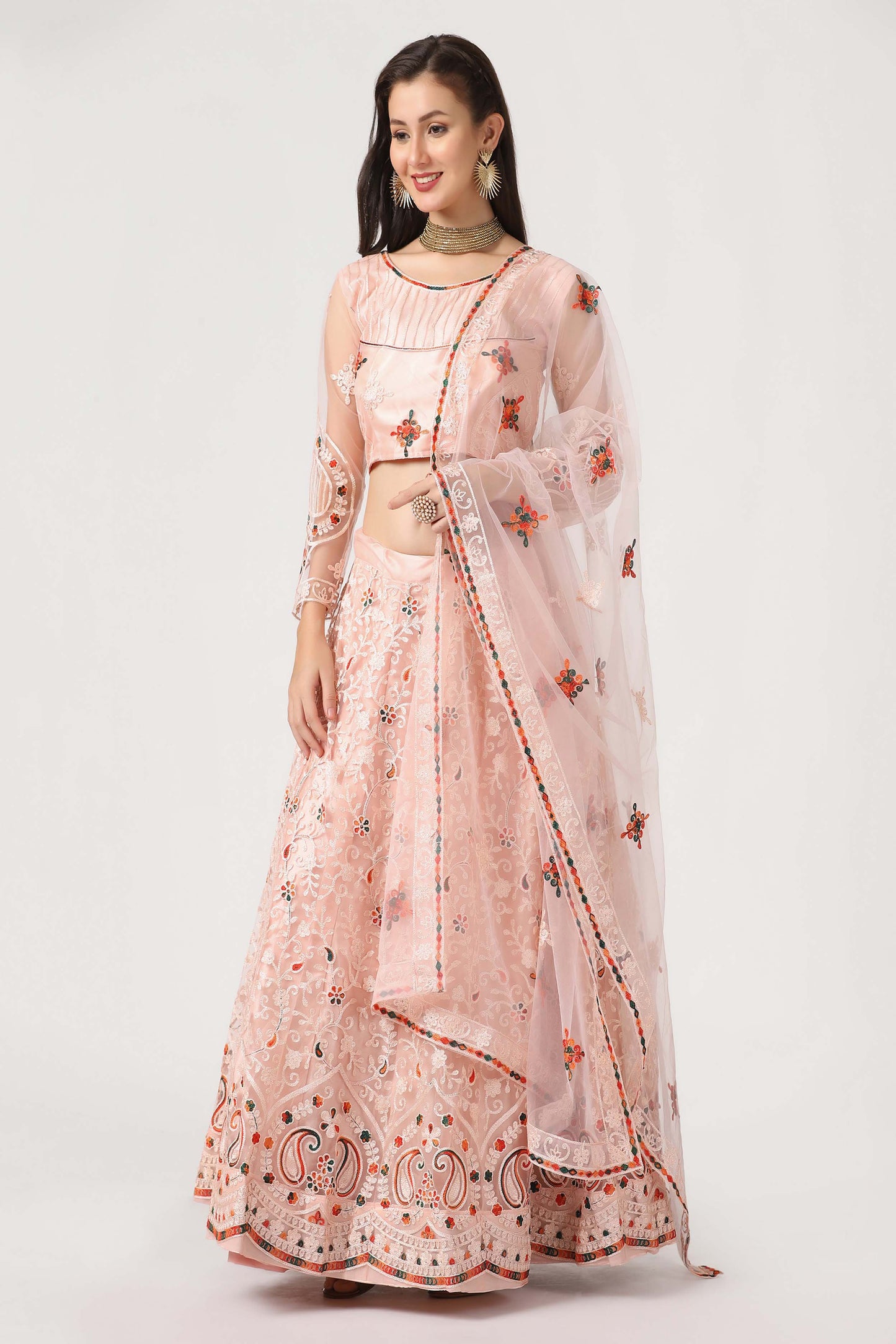 Peach Embroidered Thread Work Semi-Stitched Lehenga Choli