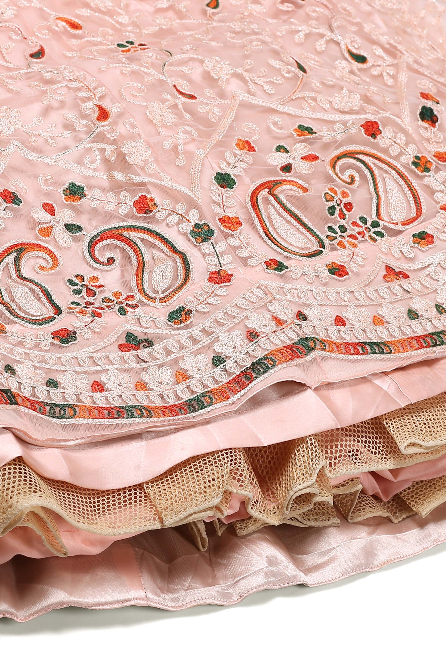 Peach Embroidered Thread Work Semi-Stitched Lehenga Choli