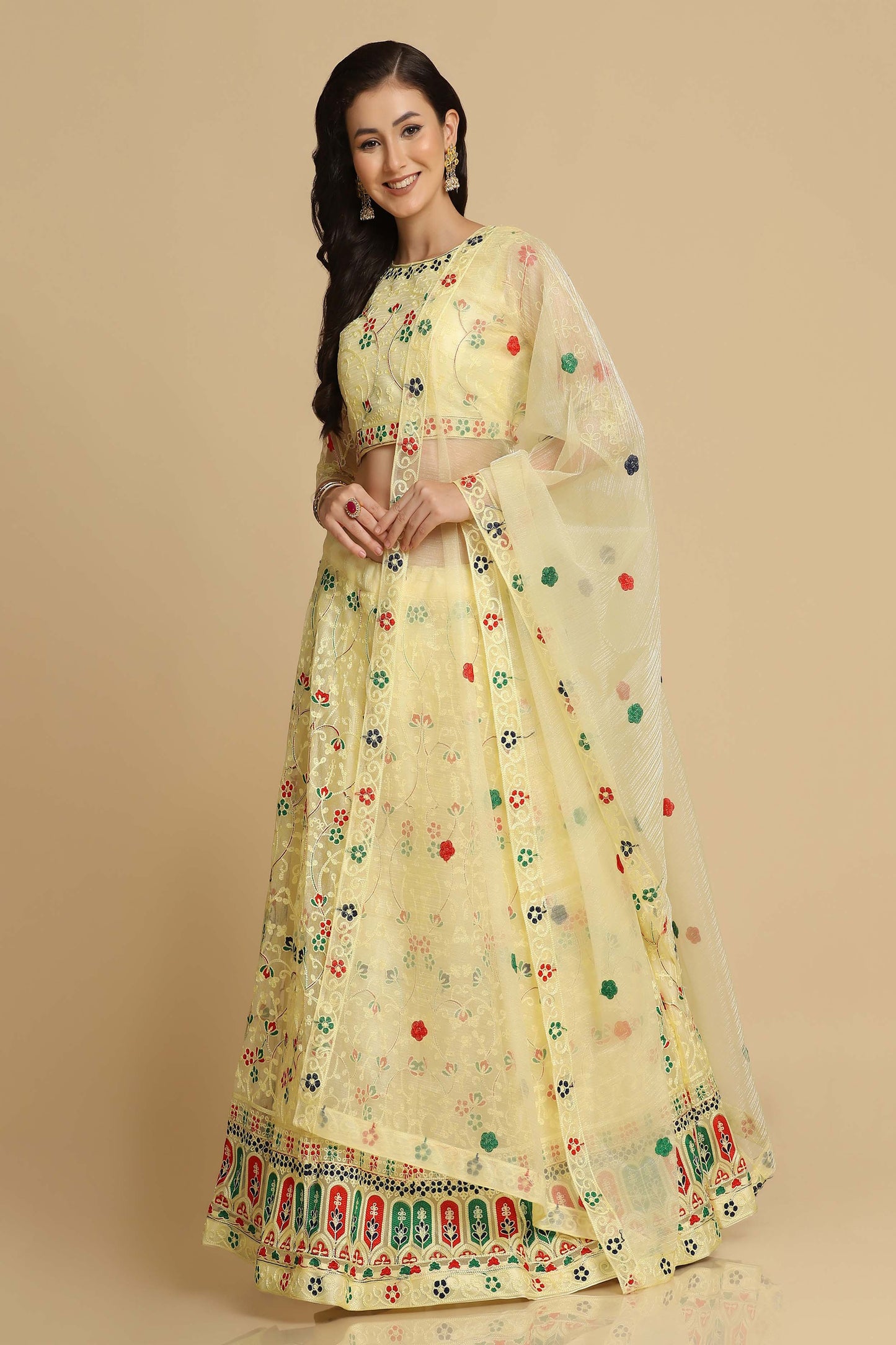 Yellow Net Lehenga Choli with Thread Embroidered Phool Bail Meena Work and Butti Motif on Dupatta