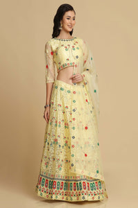 Yellow Net Lehenga Choli with Thread Embroidered Phool Bail Meena Work and Butti Motif on Dupatta