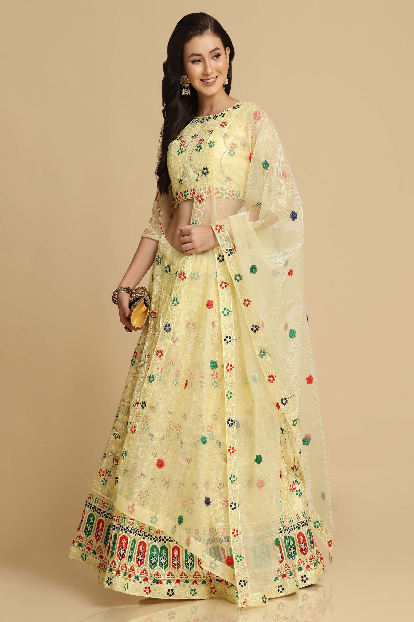 Yellow Net Lehenga Choli with Thread Embroidered Phool Bail Meena Work and Butti Motif on Dupatta