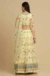 Yellow Net Lehenga Choli with Thread Embroidered Phool Bail Meena Work and Butti Motif on Dupatta