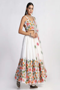 White Taffeta Silk Meena Floral Butta Lehenga Choli with Thread Embroidery and Dupatta