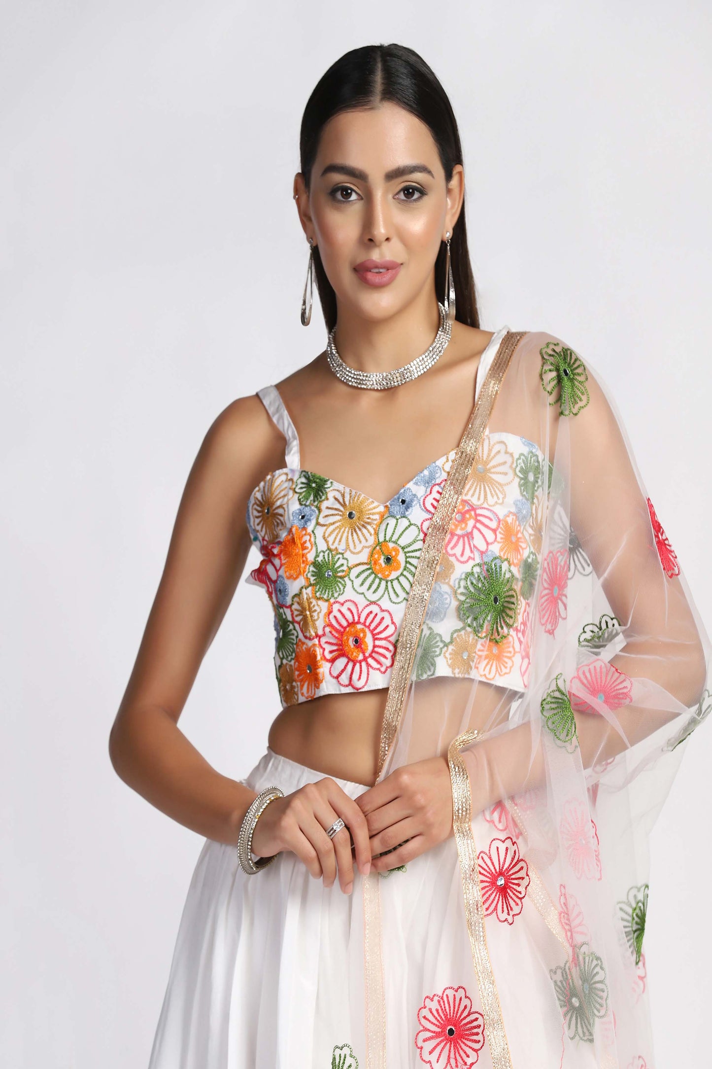 White Taffeta Silk Meena Floral Butta Lehenga Choli with Thread Embroidery and Dupatta