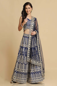 Blue Taffeta Silk Designer Lehenga Choli with All-Over Thread Embroidery and Net Dupatta