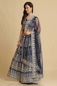 Blue Taffeta Silk Designer Lehenga Choli with All-Over Thread Embroidery and Net Dupatta