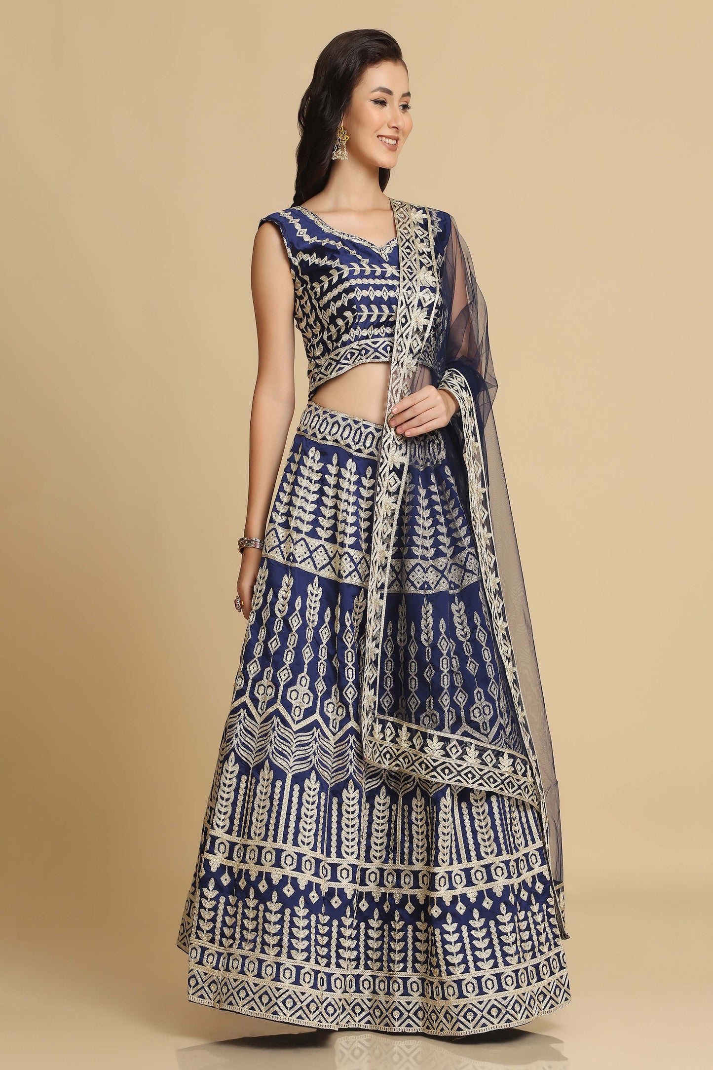 Blue Taffeta Silk Designer Lehenga Choli with All-Over Thread Embroidery and Net Dupatta