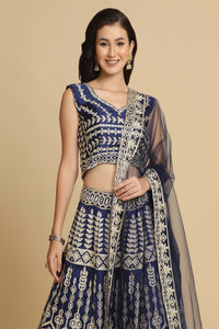 Blue Taffeta Silk Designer Lehenga Choli with All-Over Thread Embroidery and Net Dupatta