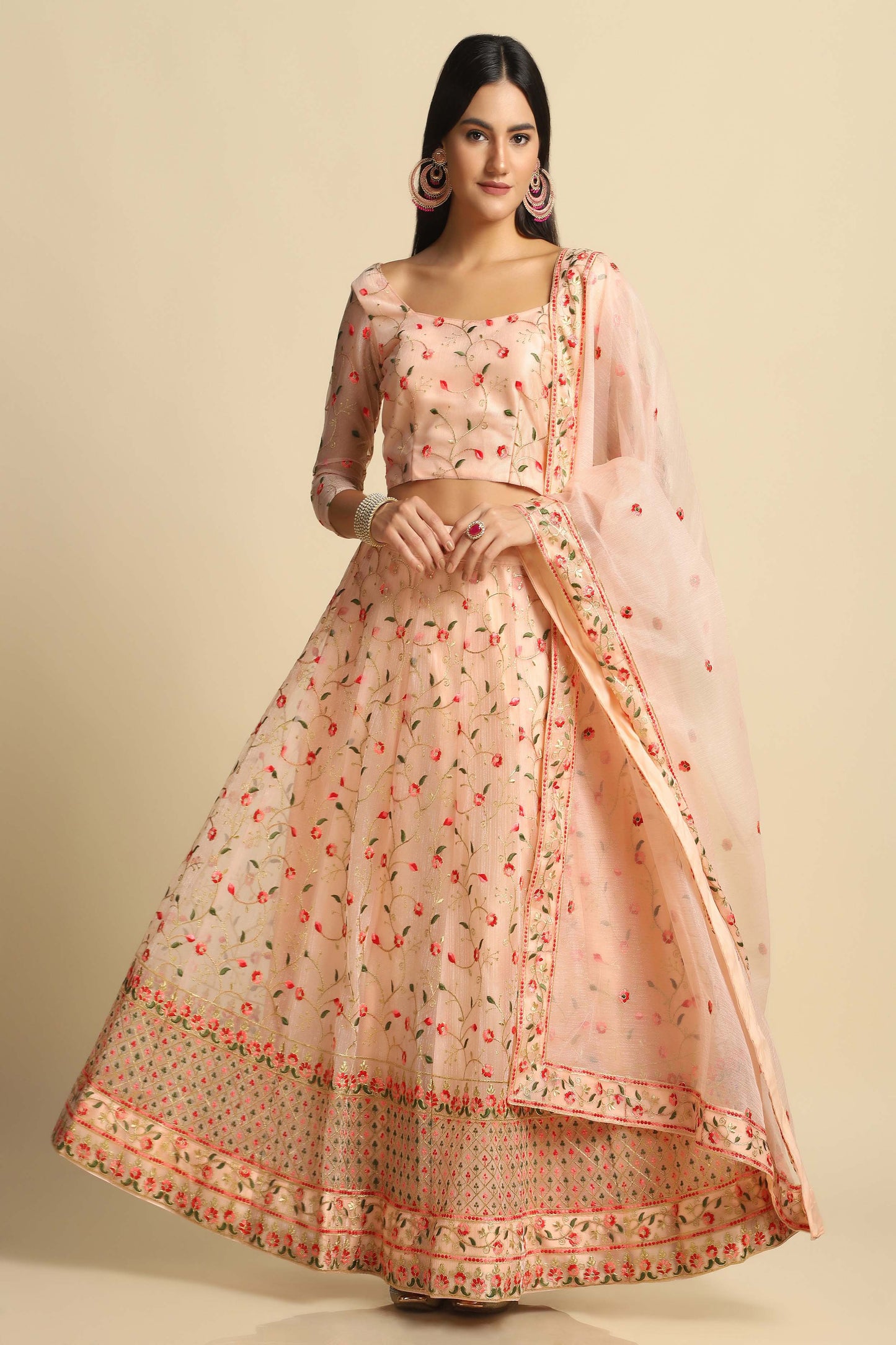 Rama-Blue & Peach Net Lehenga Choli with Meena Vine Pattern Thread Embroidery and Dupatta