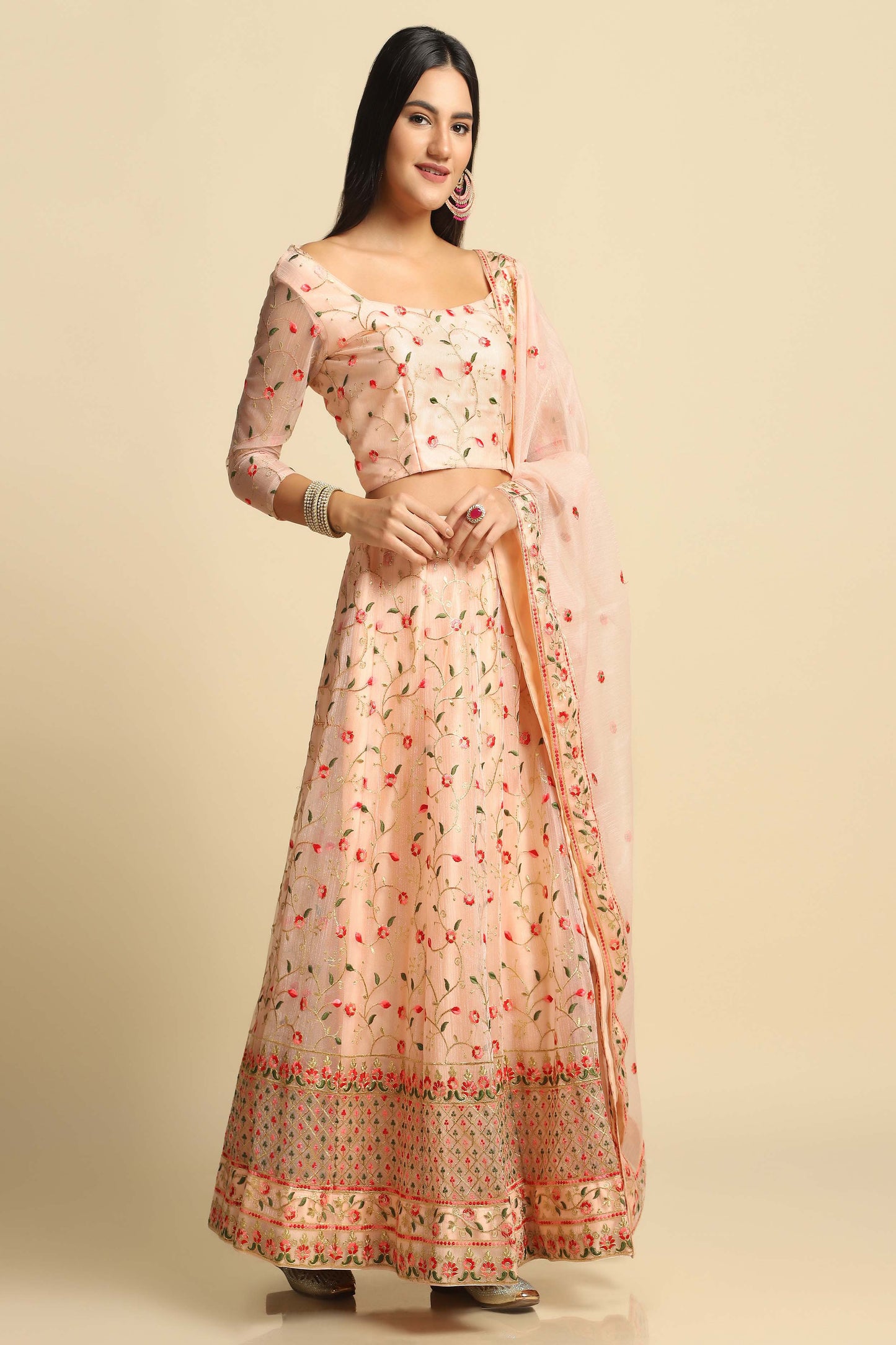 Rama-Blue & Peach Net Lehenga Choli with Meena Vine Pattern Thread Embroidery and Dupatta