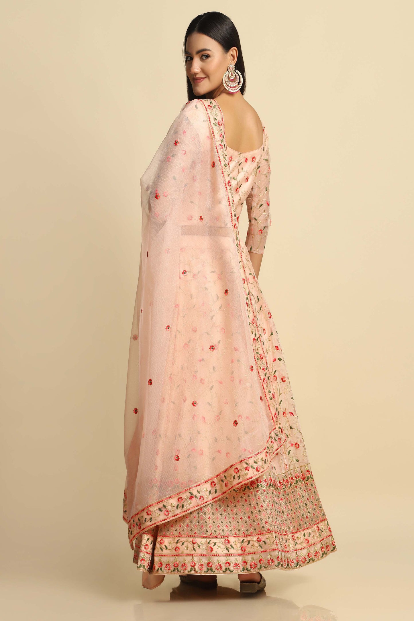 Rama-Blue & Peach Net Lehenga Choli with Meena Vine Pattern Thread Embroidery and Dupatta