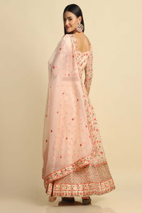 Rama-Blue & Peach Net Lehenga Choli with Meena Vine Pattern Thread Embroidery and Dupatta