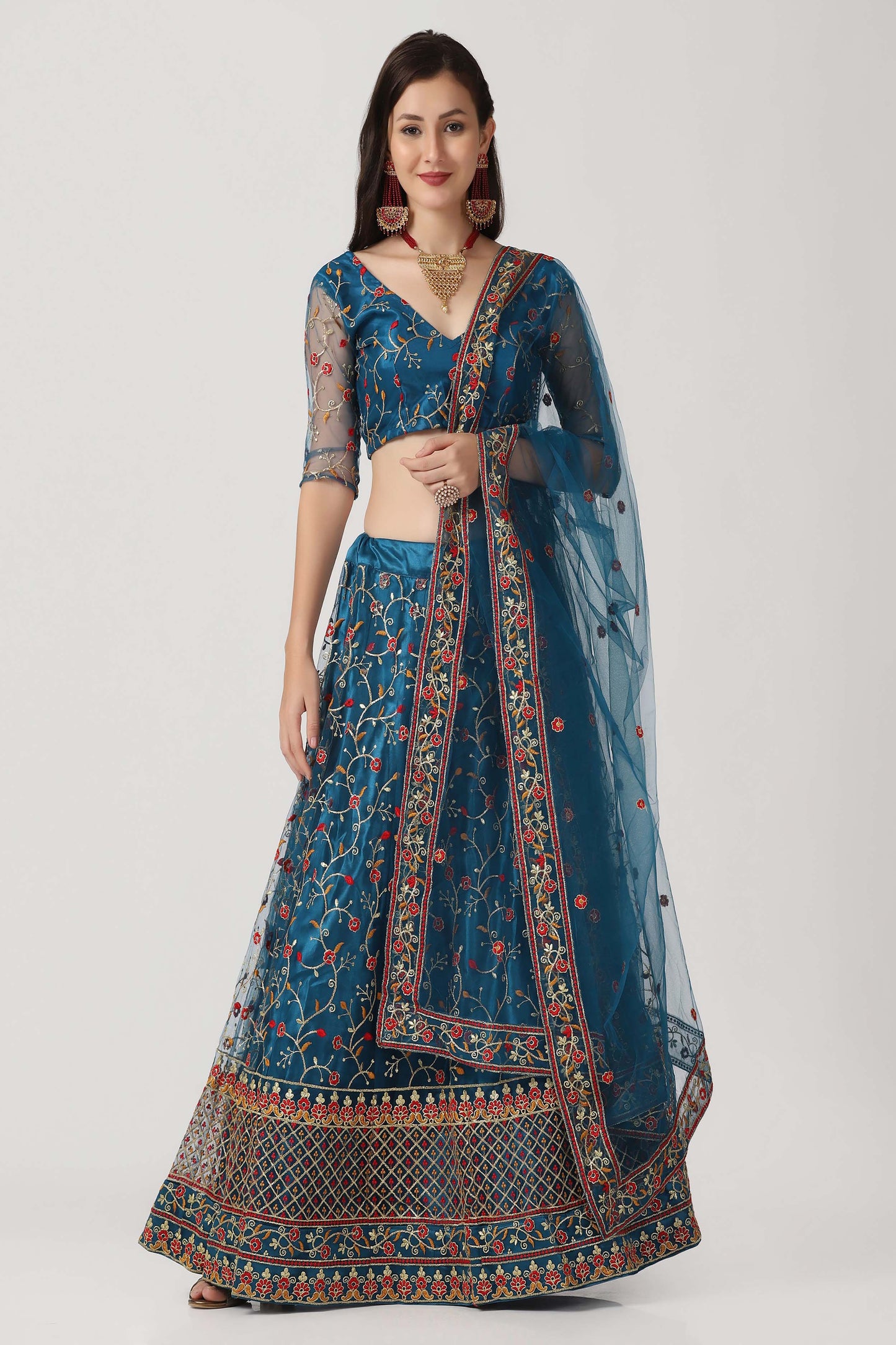 Rama-Blue & Peach Net Lehenga Choli with Meena Vine Pattern Thread Embroidery and Dupatta