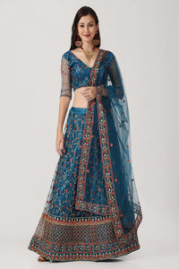 Rama-Blue & Peach Net Lehenga Choli with Meena Vine Pattern Thread Embroidery and Dupatta