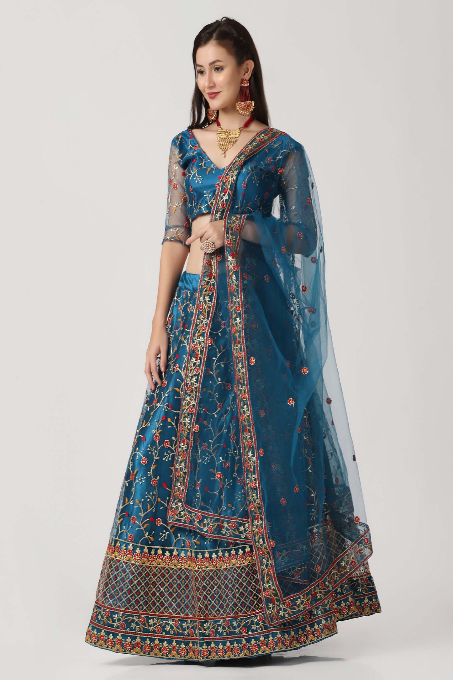 Rama-Blue & Peach Net Lehenga Choli with Meena Vine Pattern Thread Embroidery and Dupatta