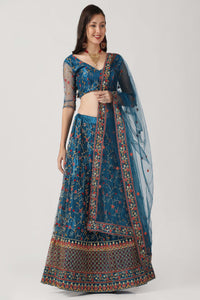 Rama-Blue & Peach Net Lehenga Choli with Meena Vine Pattern Thread Embroidery and Dupatta