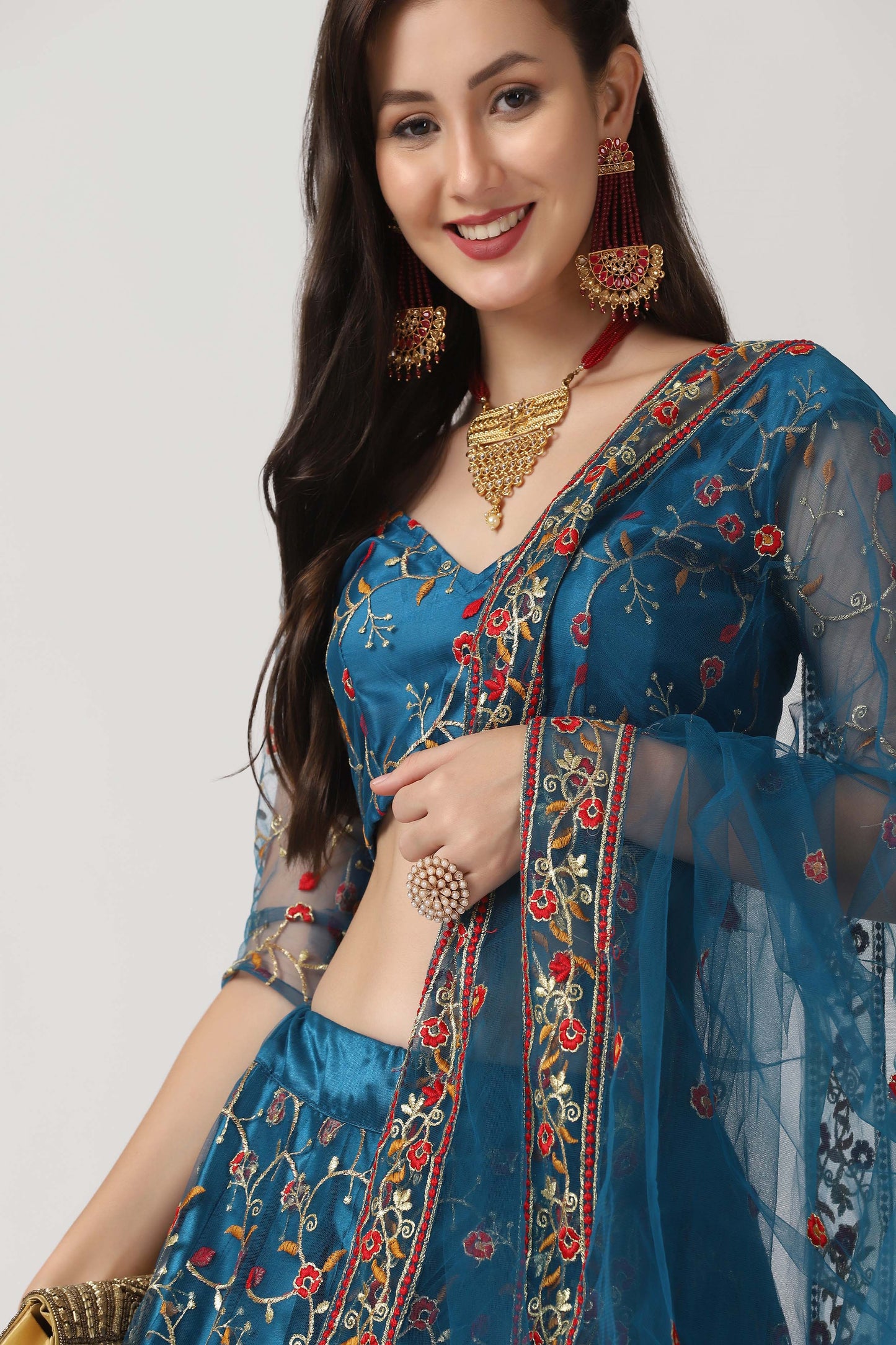 Rama-Blue & Peach Net Lehenga Choli with Meena Vine Pattern Thread Embroidery and Dupatta