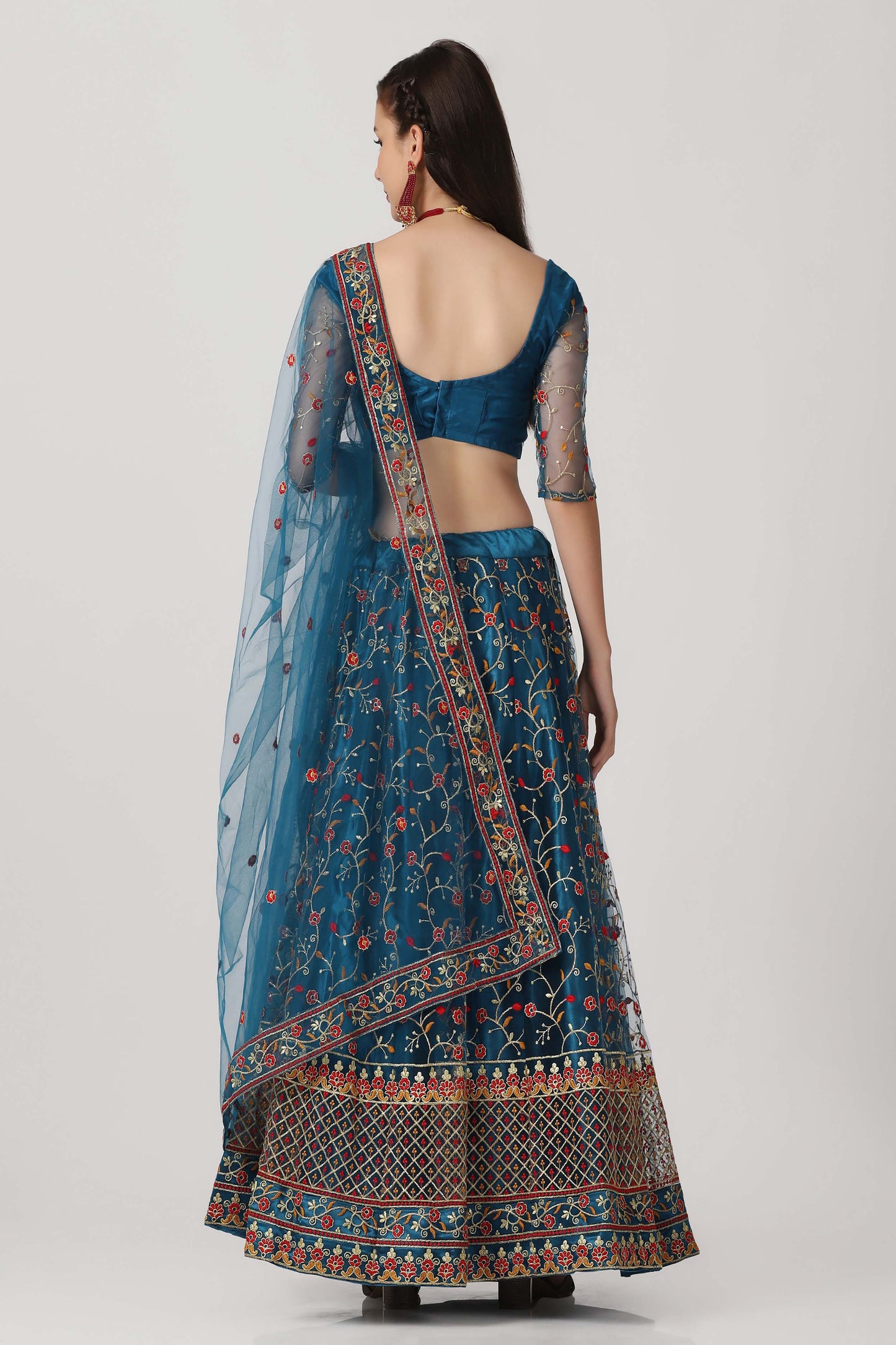 Rama-Blue & Peach Net Lehenga Choli with Meena Vine Pattern Thread Embroidery and Dupatta