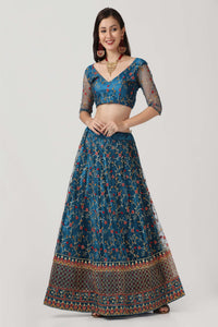 Rama-Blue & Peach Net Lehenga Choli with Meena Vine Pattern Thread Embroidery and Dupatta