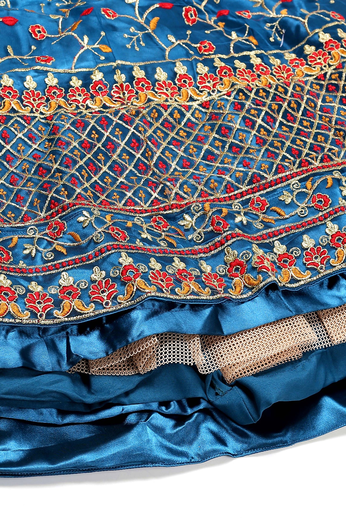 Rama-Blue & Peach Net Lehenga Choli with Meena Vine Pattern Thread Embroidery and Dupatta