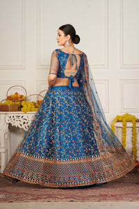 Rama-Blue & Peach Net Lehenga Choli with Meena Vine Pattern Thread Embroidery and Dupatta