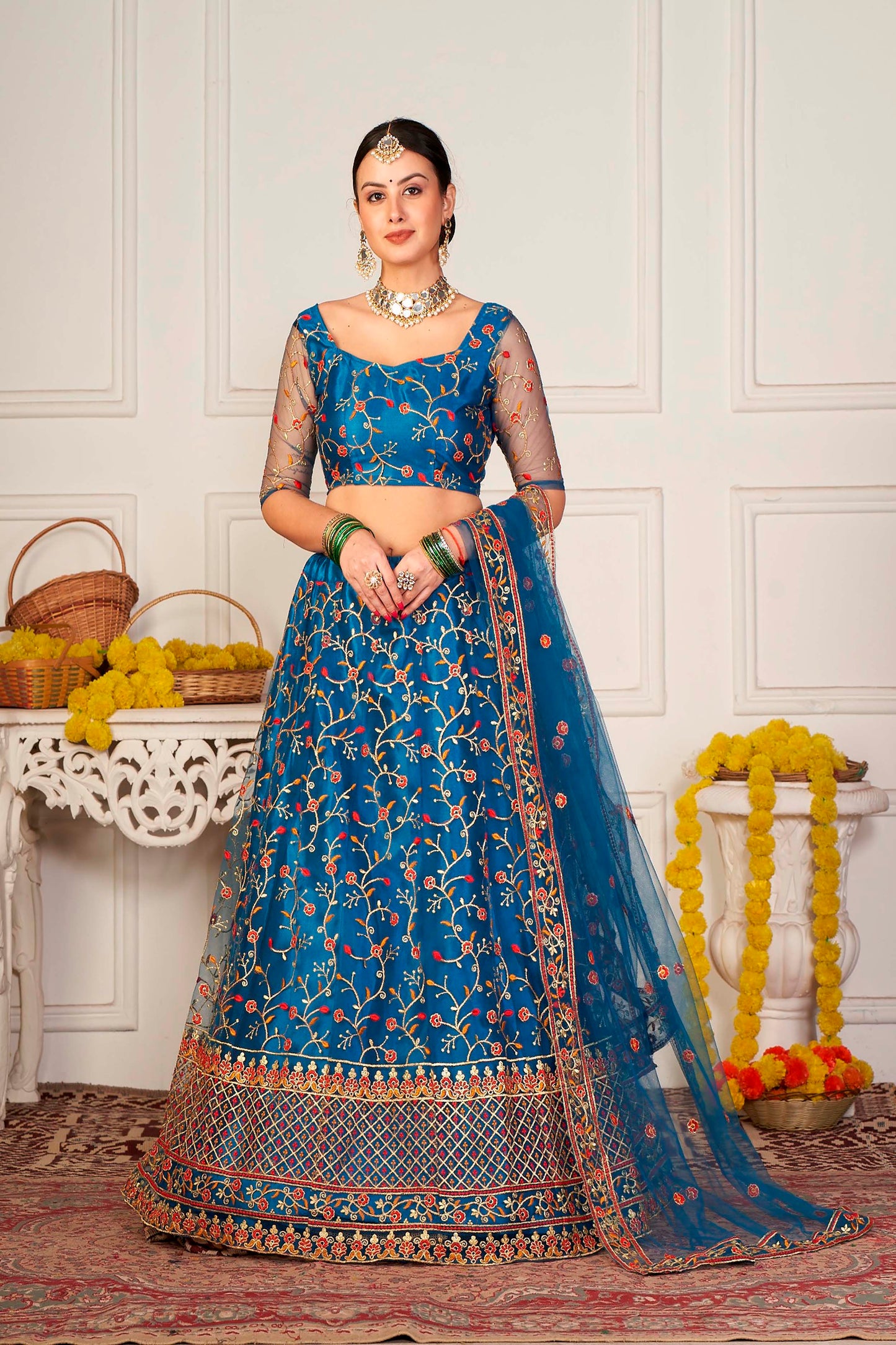 Rama-Blue & Peach Net Lehenga Choli with Meena Vine Pattern Thread Embroidery and Dupatta