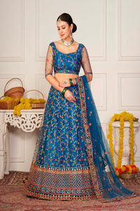 Rama-Blue & Peach Net Lehenga Choli with Meena Vine Pattern Thread Embroidery and Dupatta