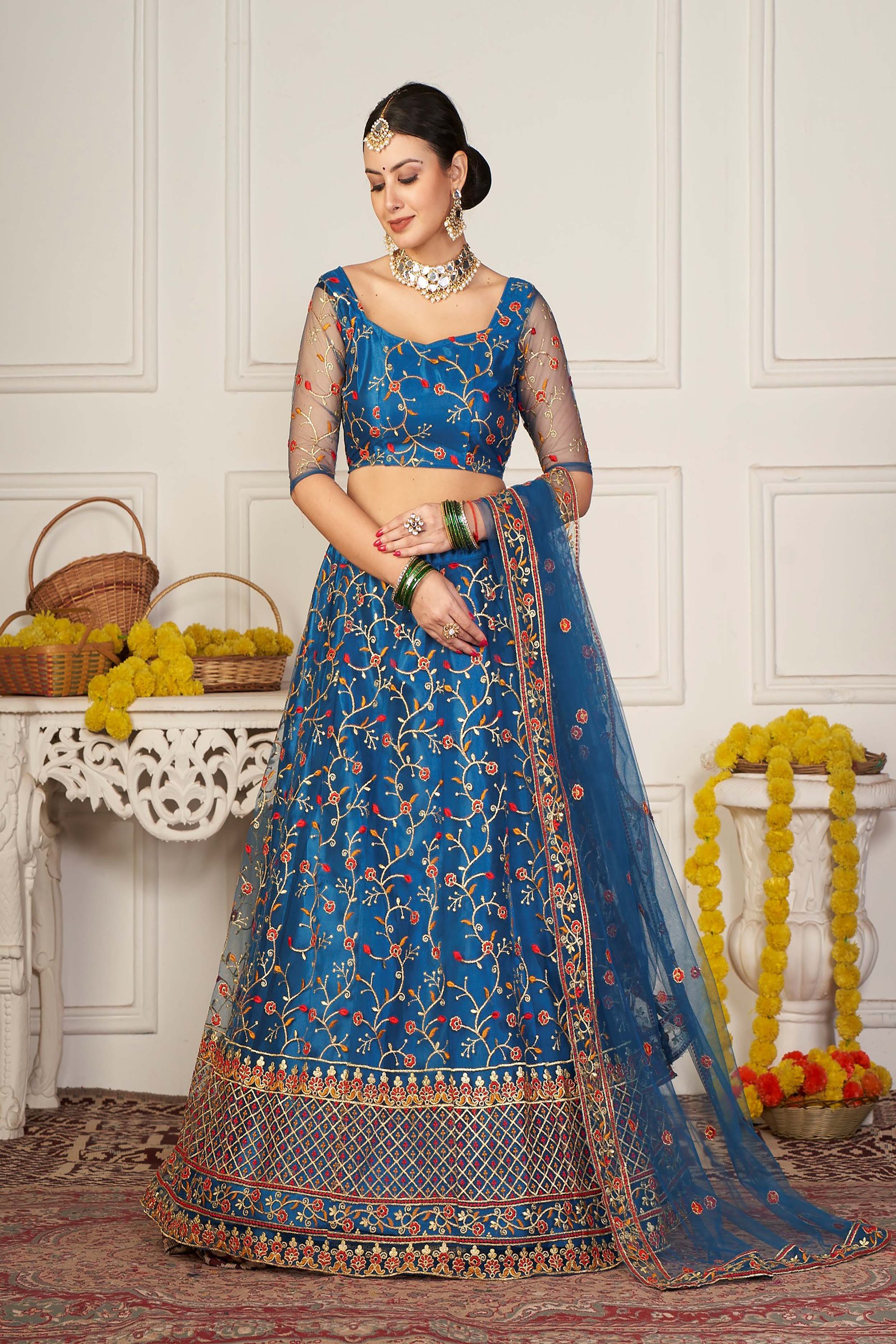 Rama-Blue & Peach Net Lehenga Choli with Meena Vine Pattern Thread Embroidery and Dupatta