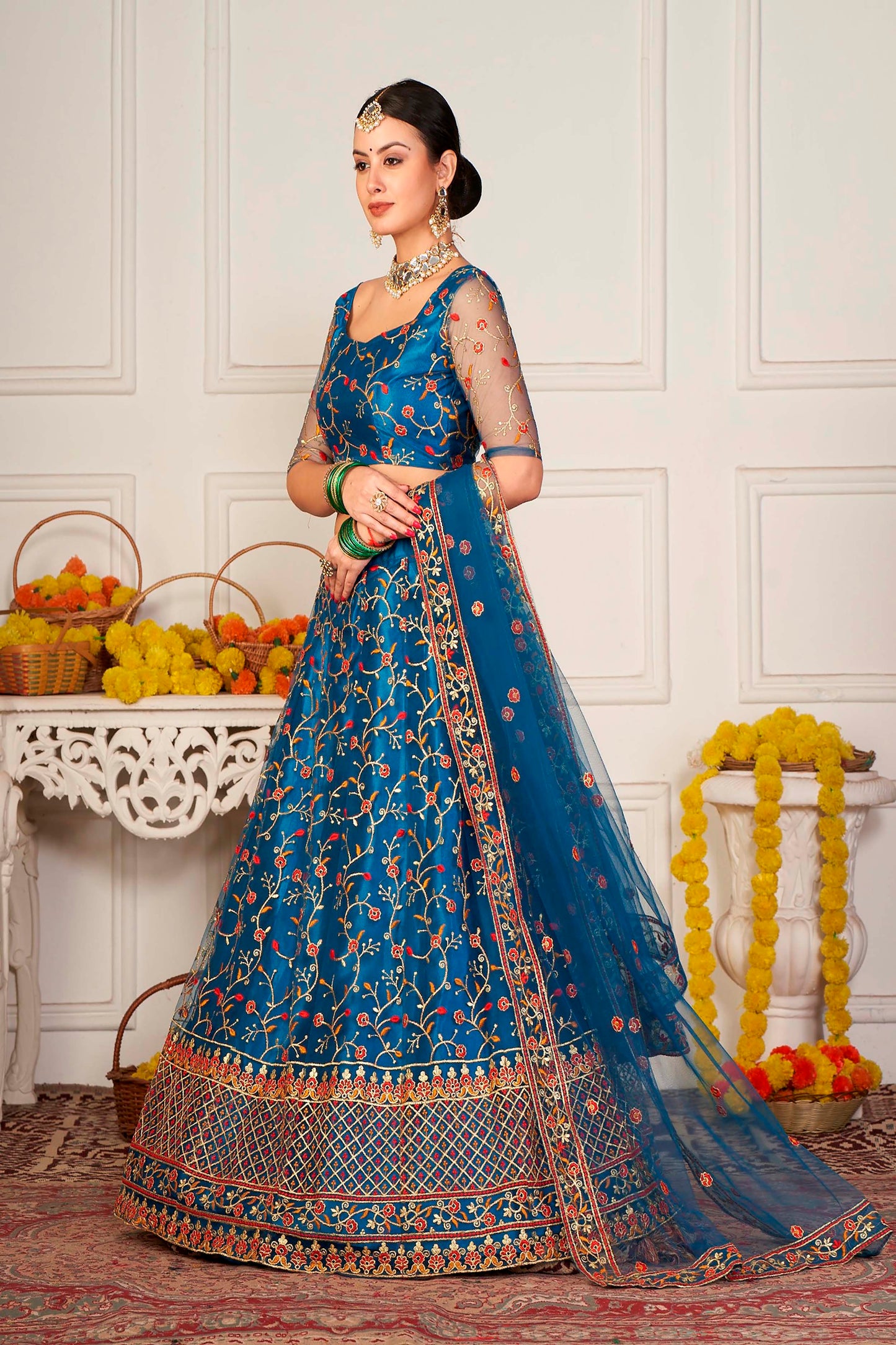 Rama-Blue & Peach Net Lehenga Choli with Meena Vine Pattern Thread Embroidery and Dupatta