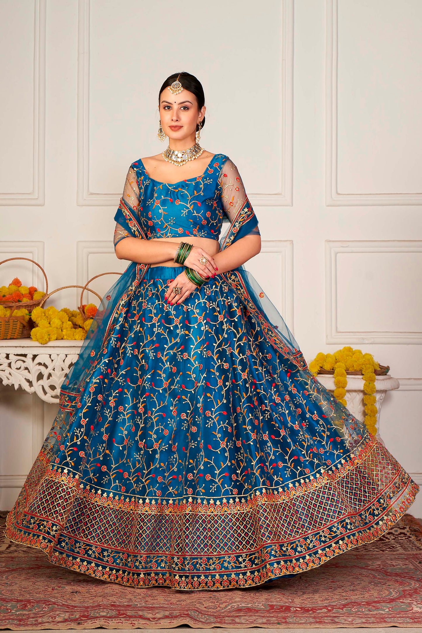 Rama-Blue & Peach Net Lehenga Choli with Meena Vine Pattern Thread Embroidery and Dupatta