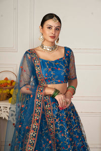 Rama-Blue & Peach Net Lehenga Choli with Meena Vine Pattern Thread Embroidery and Dupatta