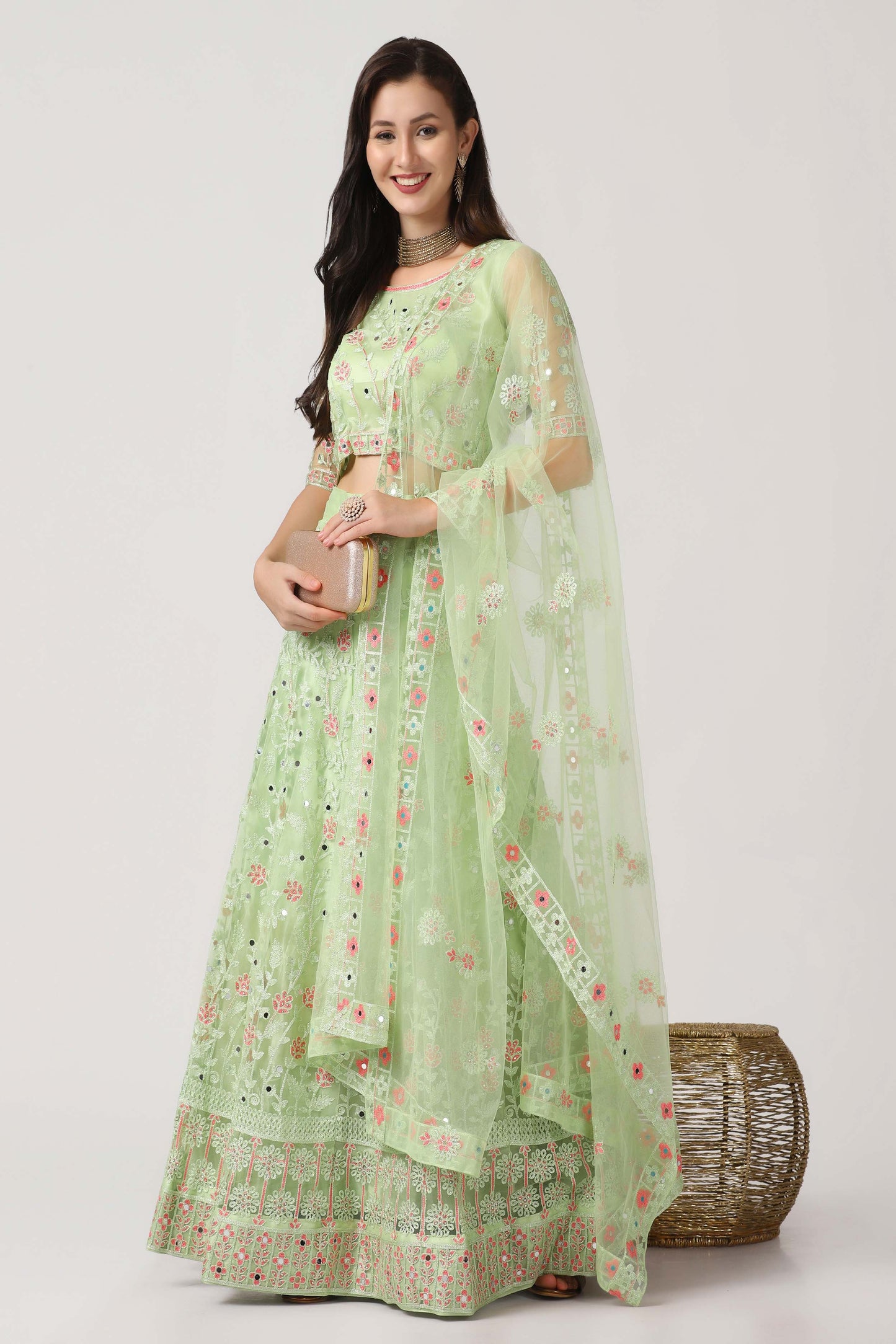 Light-Green Net Lehenga Choli with Vine Motif Thread Embroidery and Dupatta