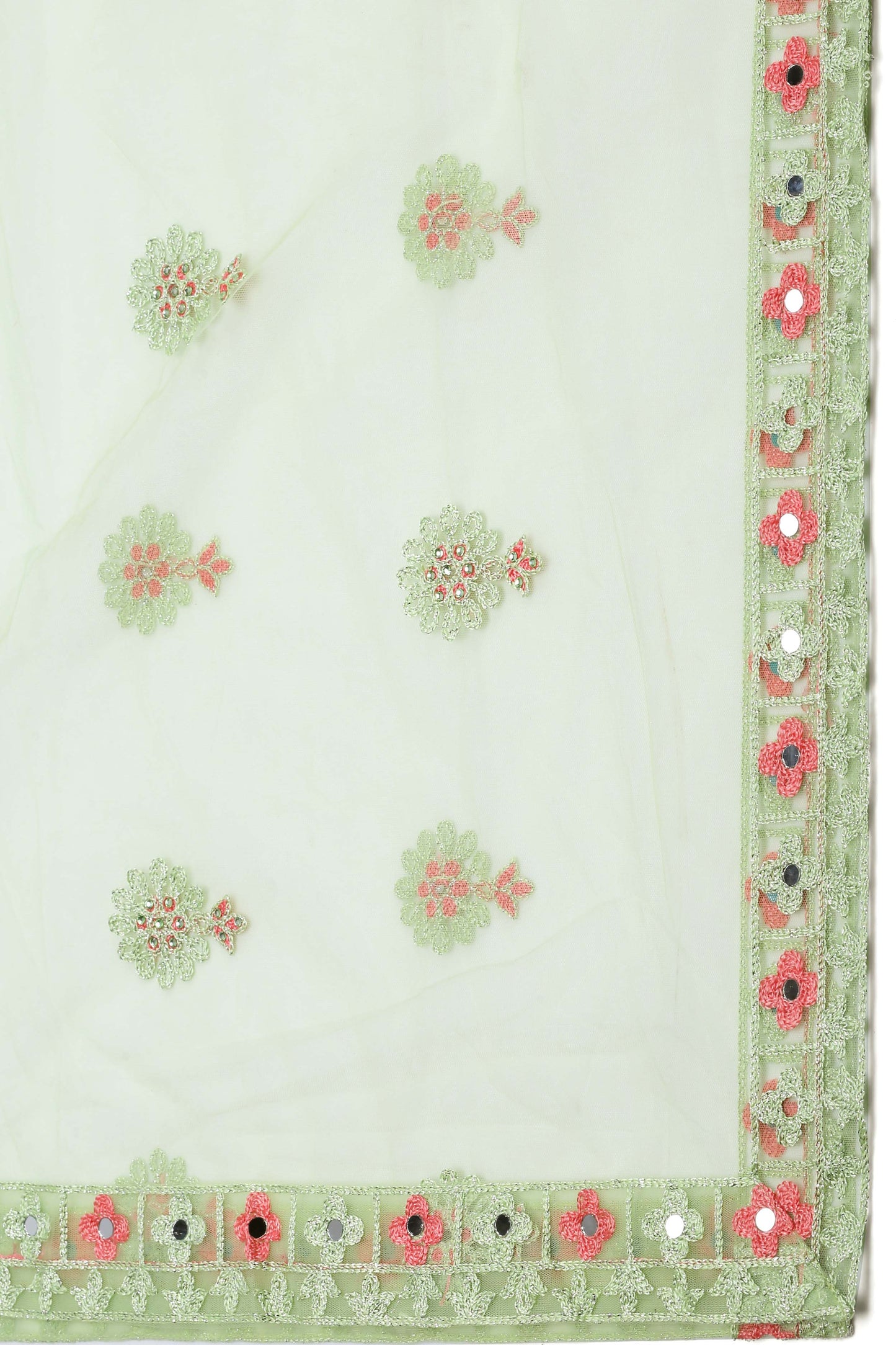 Light-Green Net Lehenga Choli with Vine Motif Thread Embroidery and Dupatta