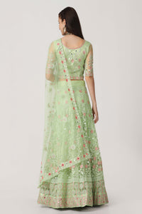 Light-Green Net Lehenga Choli with Vine Motif Thread Embroidery and Dupatta