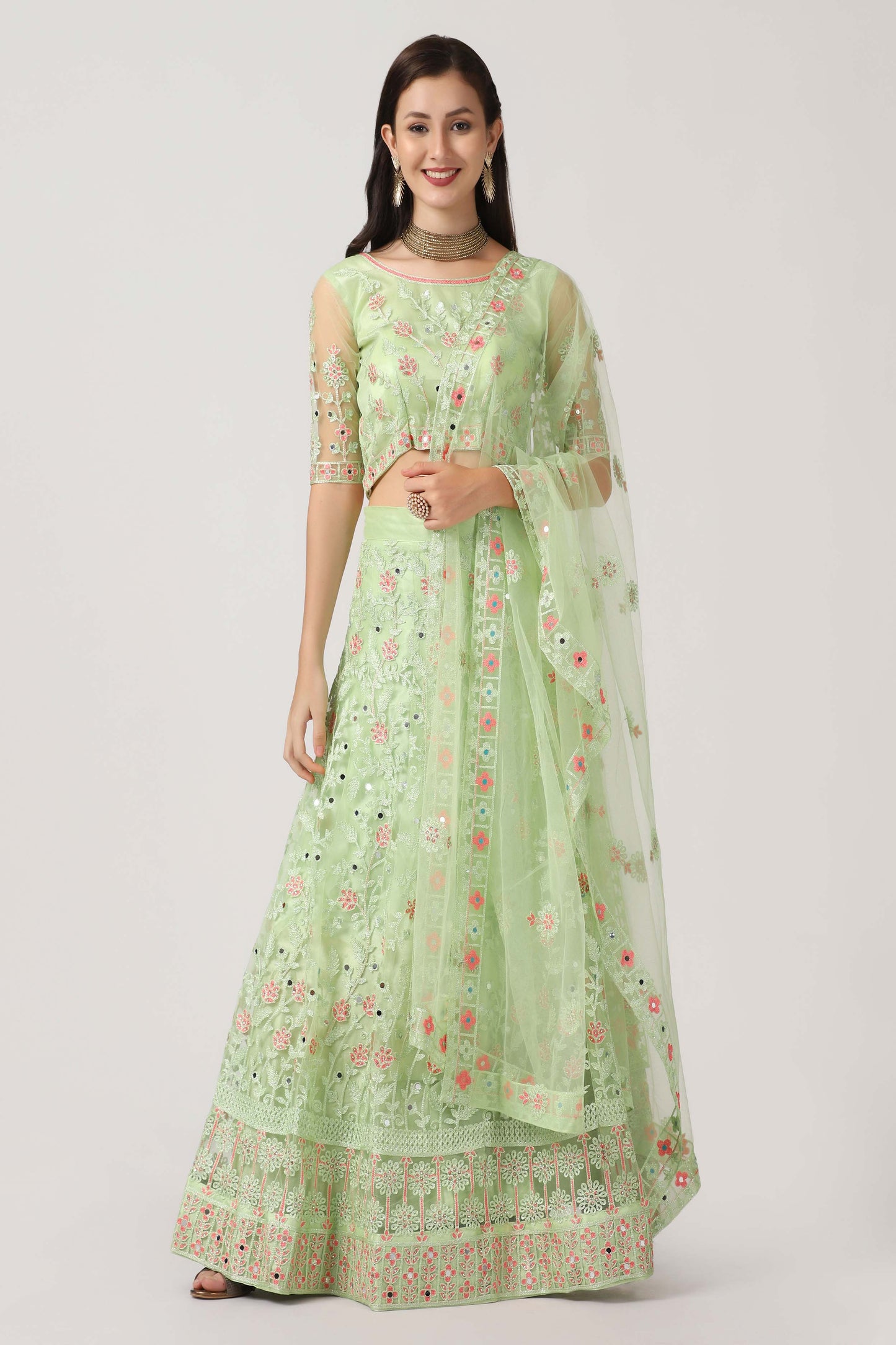 Light-Green Net Lehenga Choli with Vine Motif Thread Embroidery and Dupatta