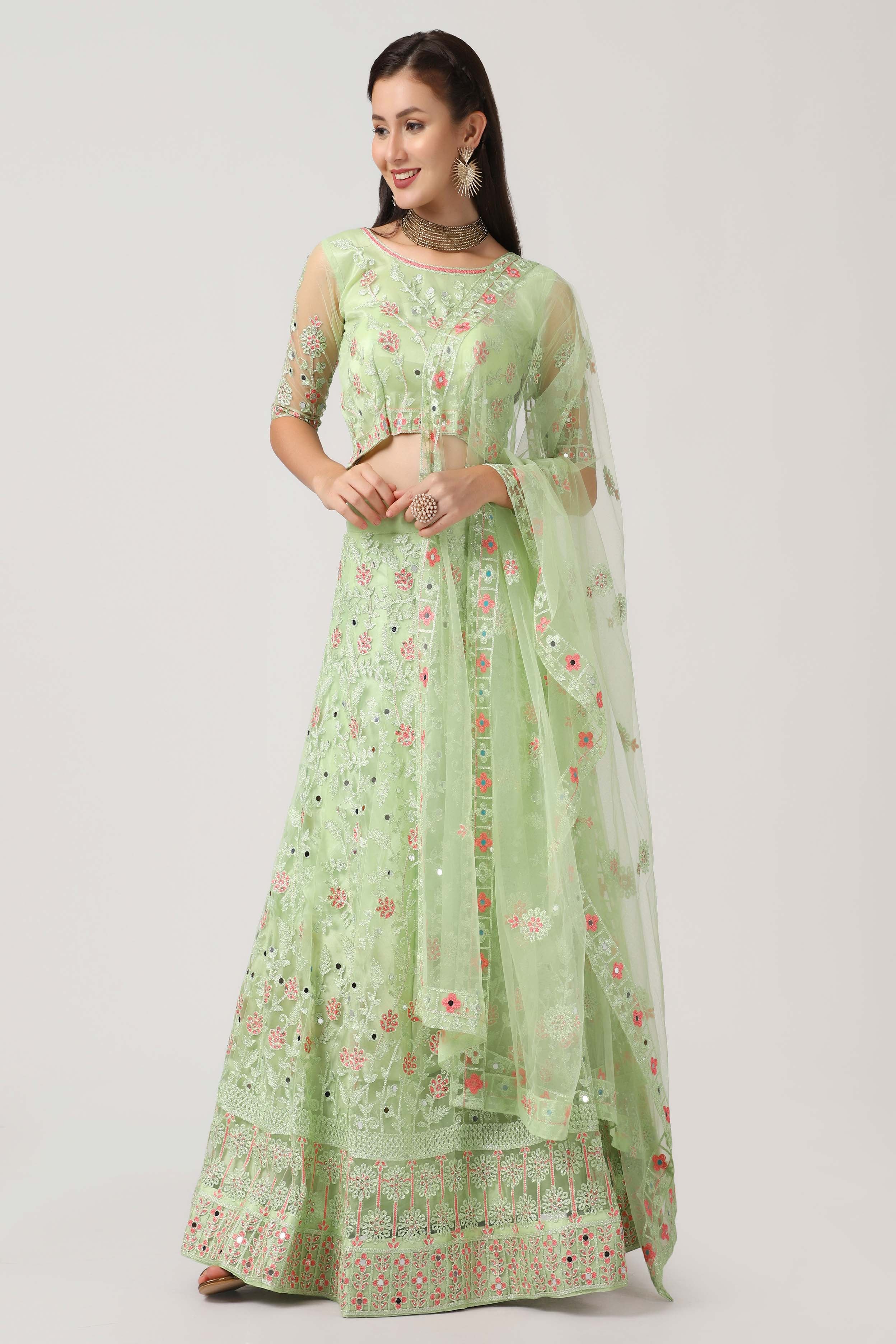 Light-Green Net Lehenga Choli with Vine Motif Thread Embroidery and Dupatta