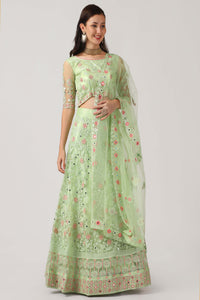 Light-Green Net Lehenga Choli with Vine Motif Thread Embroidery and Dupatta