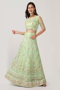 Light-Green Net Lehenga Choli with Vine Motif Thread Embroidery and Dupatta