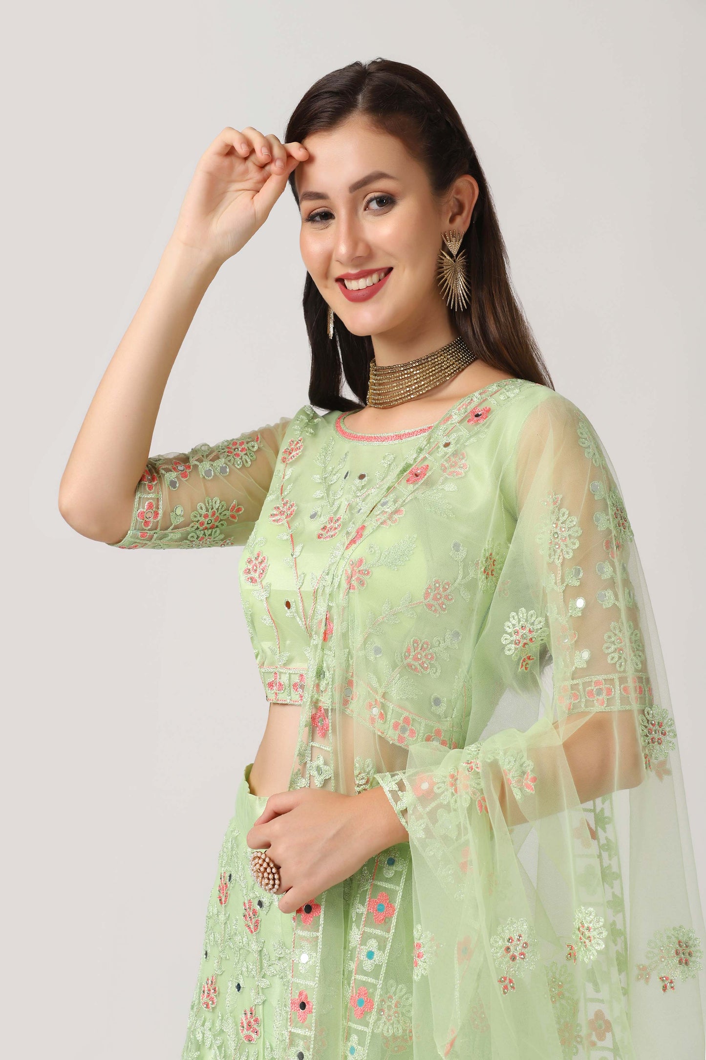 Light-Green Net Lehenga Choli with Vine Motif Thread Embroidery and Dupatta