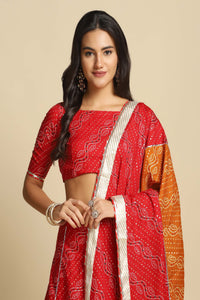 Women's Bandhani Printed Work Round Neck Semi-stiched Lehenga Choli And Gagara For Women Red Cotton Silk Lahenga Choli